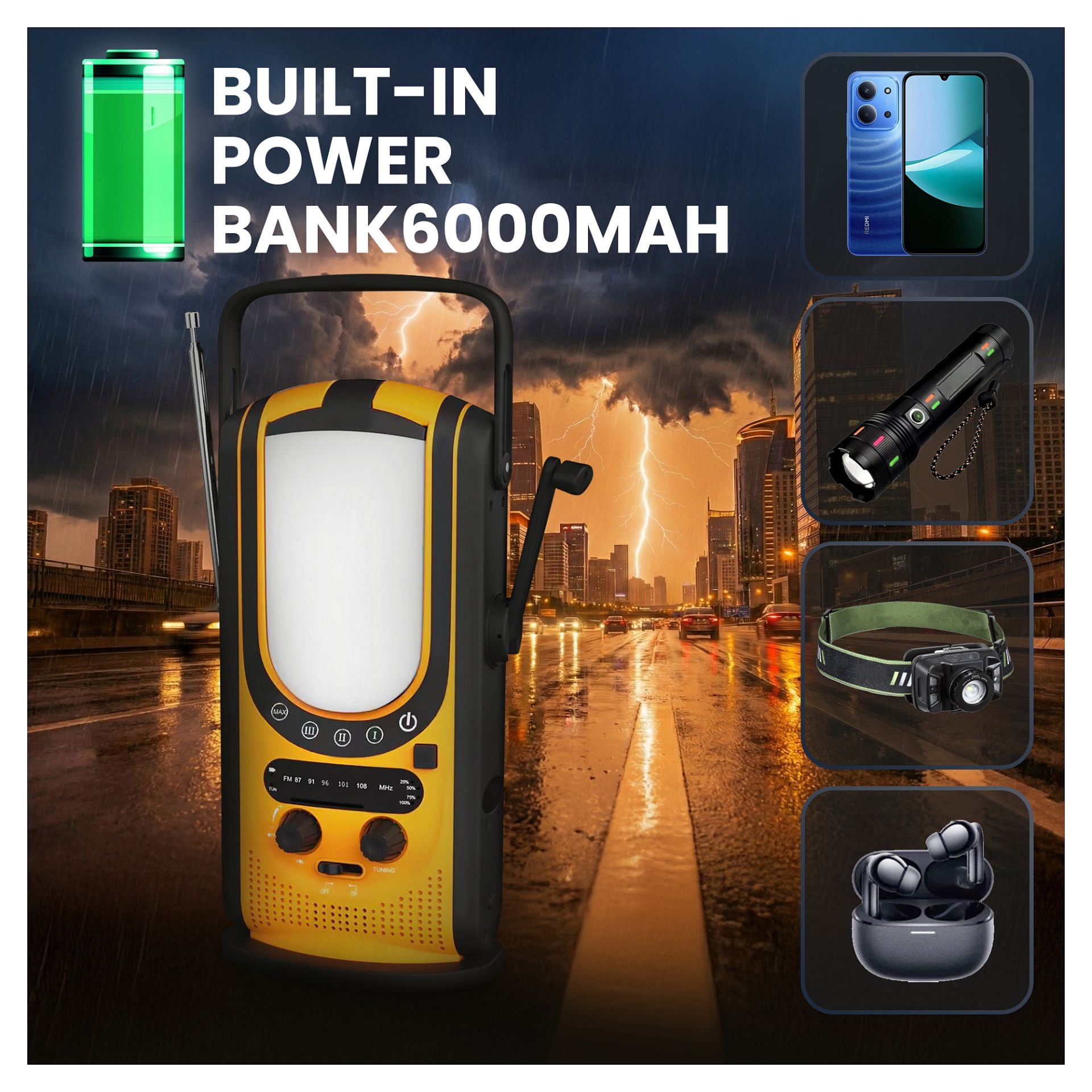 Power Ranger EPS-6000 Powerbank, 6000mAh, Radio, LED-Lamp, Dynamo, Solarpanel