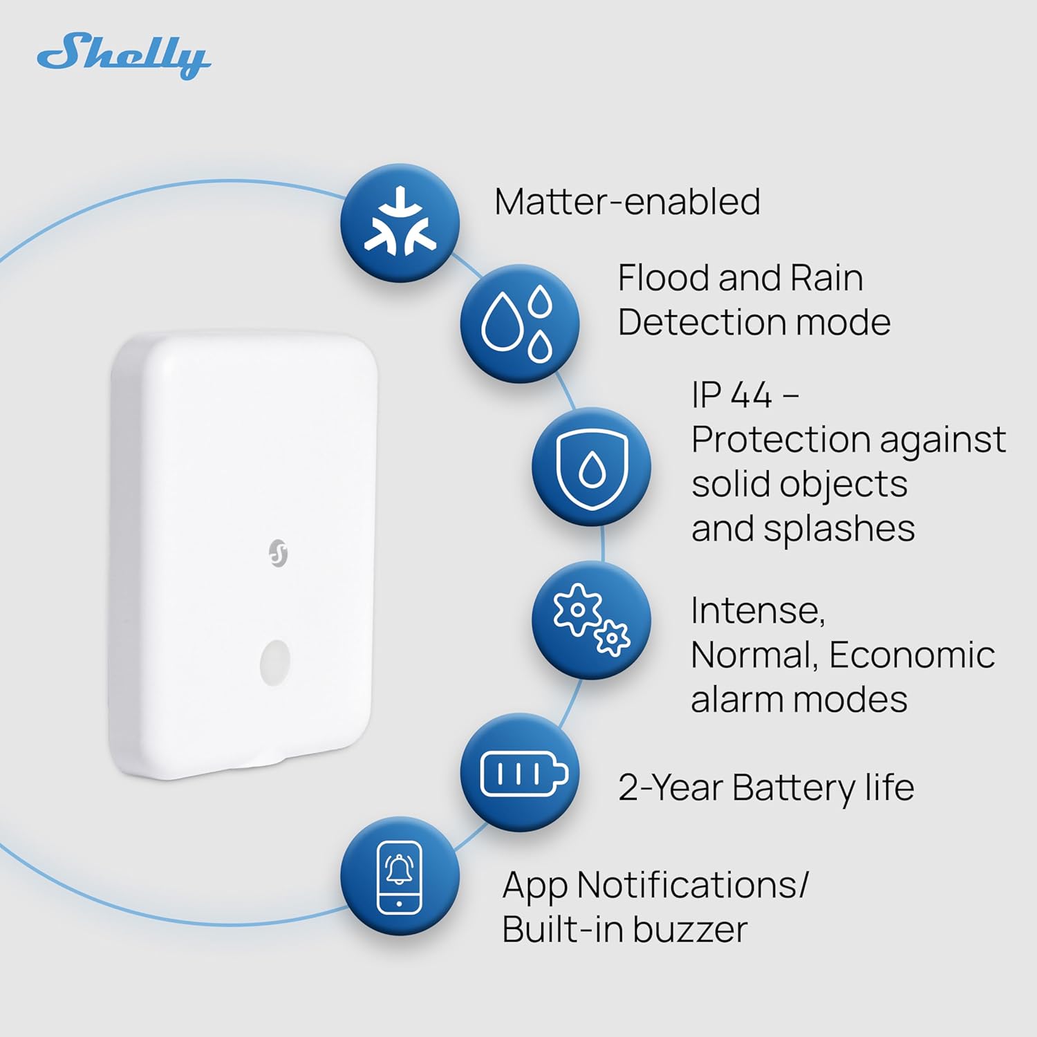 Shelly Flood Sensor with Leak Sensor Cable, IP44, Flood & Rain Detection