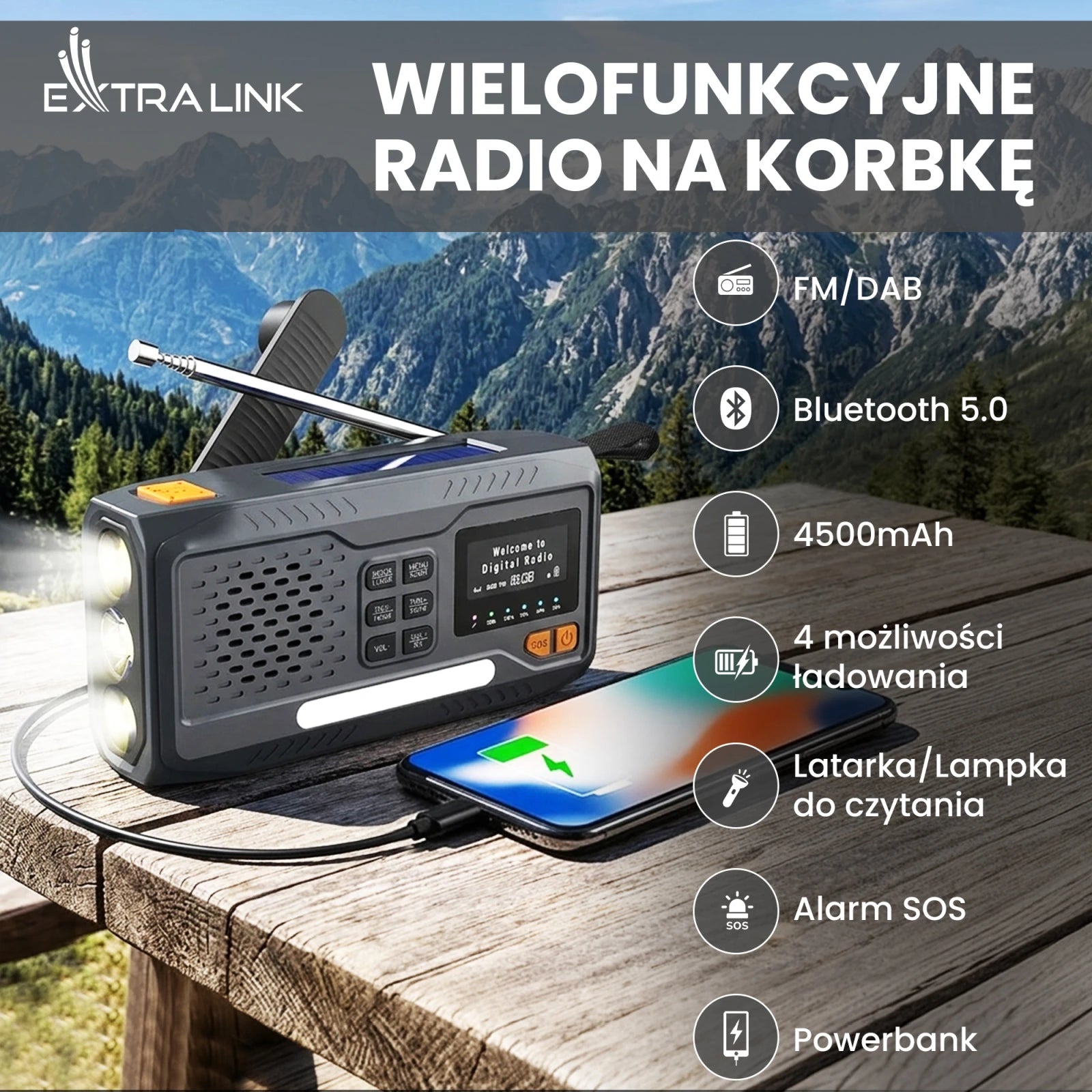 Emergency Radio Wireless Solar with Crank Dynamo Powerbank